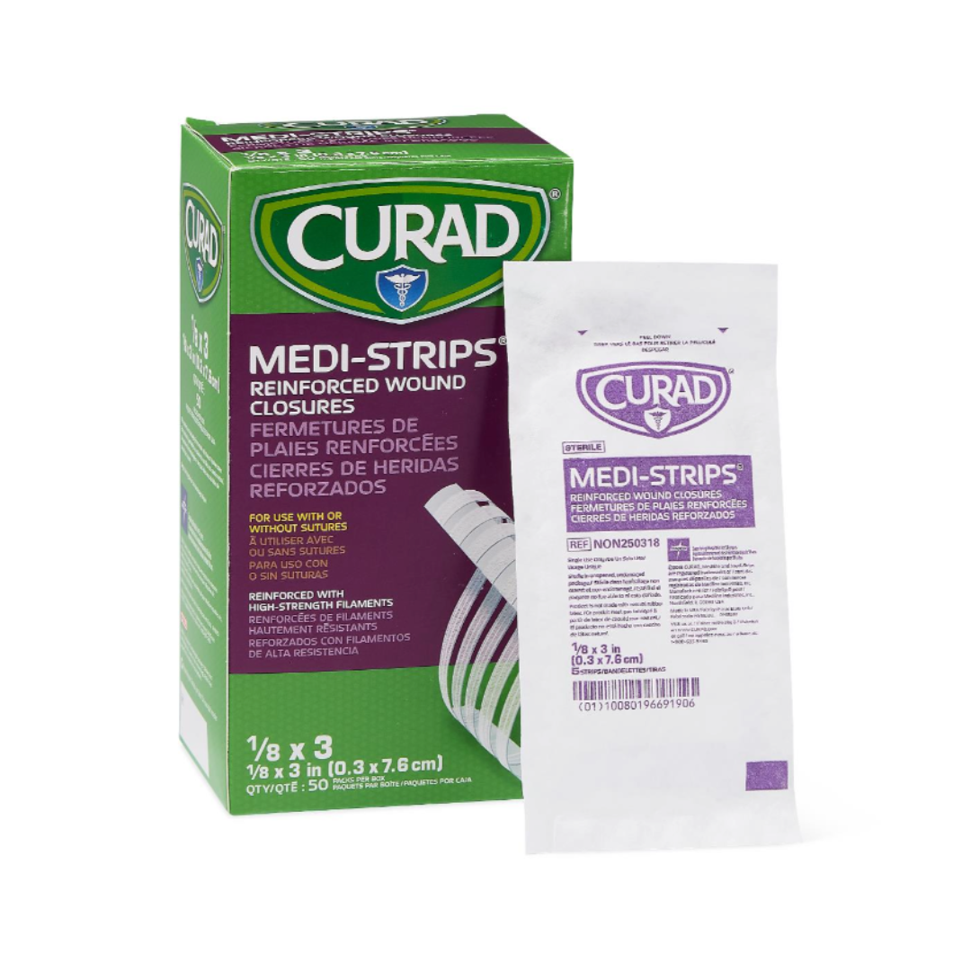 A green box and a white packet of CURAD Sterile Medi-Strip Wound Closure Bandages are shown. The box has details in English, French, and Spanish, and the packet holds sterile strips with hypoallergenic adhesive for suture-free wound closure.